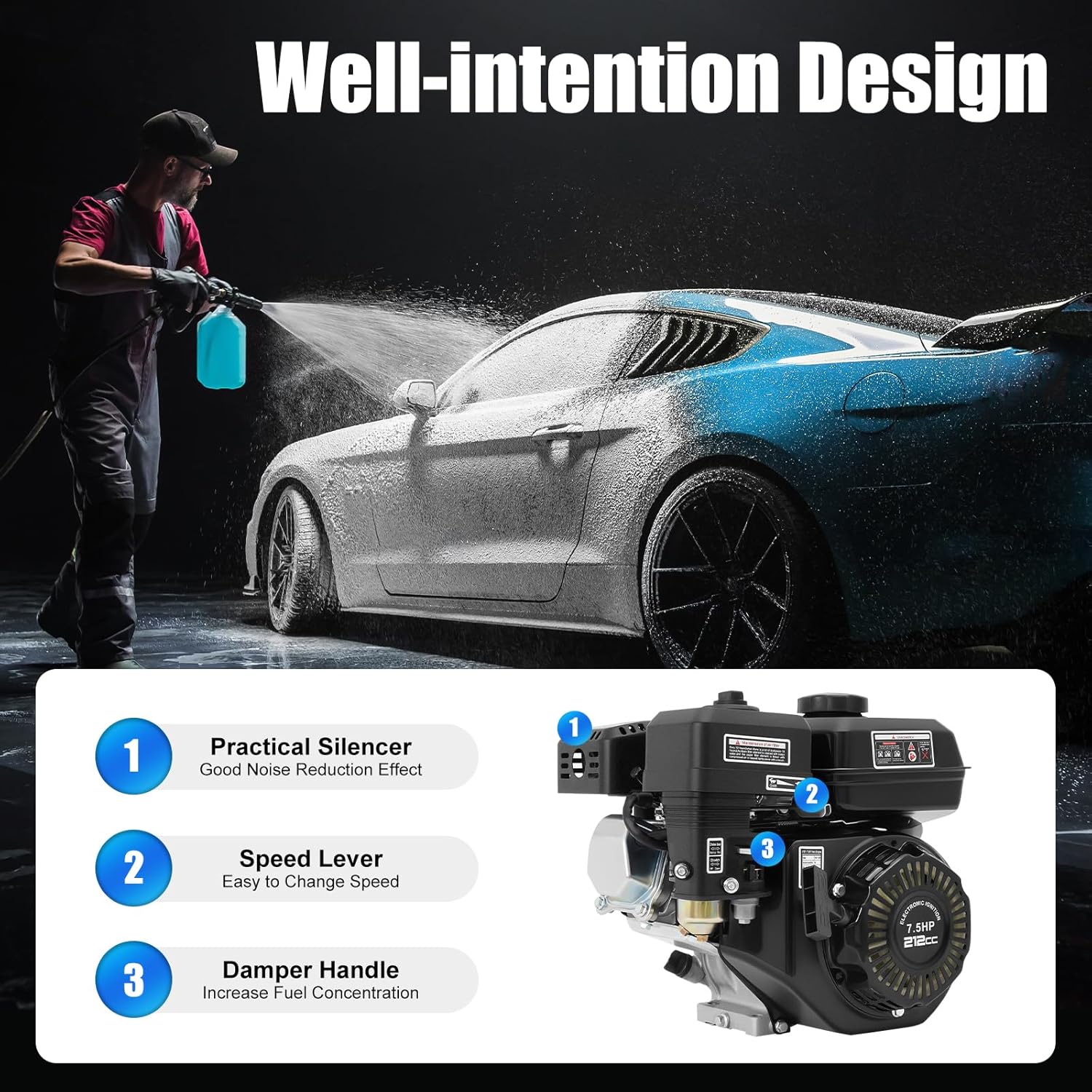 212cc 4-Stroke Gas Engine Motor for Honda GX160, 7.5HP Gasoline Motor Engine Horizontal Shaft, Go Kart Pull Start Gas Powered Engine with Air Cooling System for Honda Karts, Lawnmowers