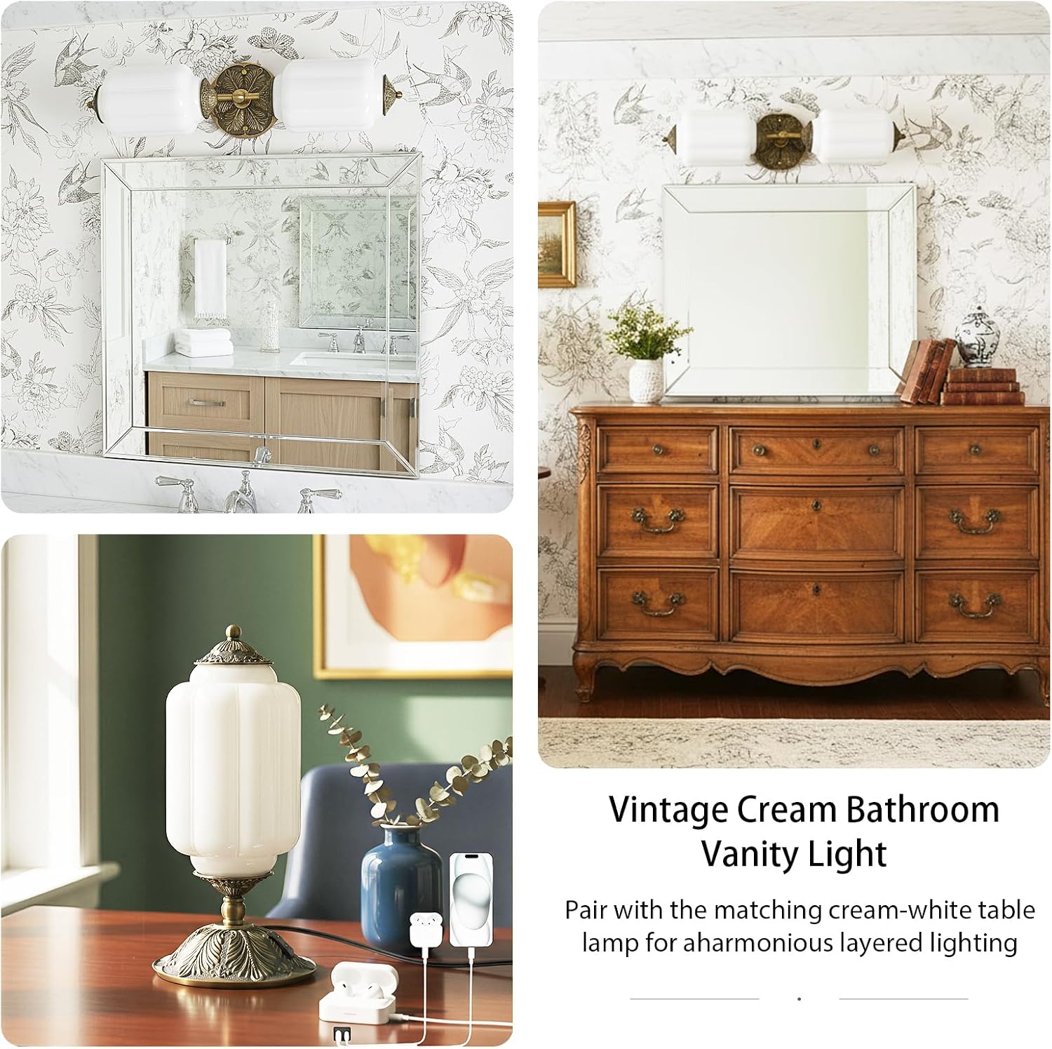 Milk Glass Bathroom Vanity Light - 2-Light Wall Sconce with Brass Finish Base & Green Glass Shade - Wall Sconce Lighting for Mirror, Kitchen, Living Room (White Glass with Gold Metal Accents)