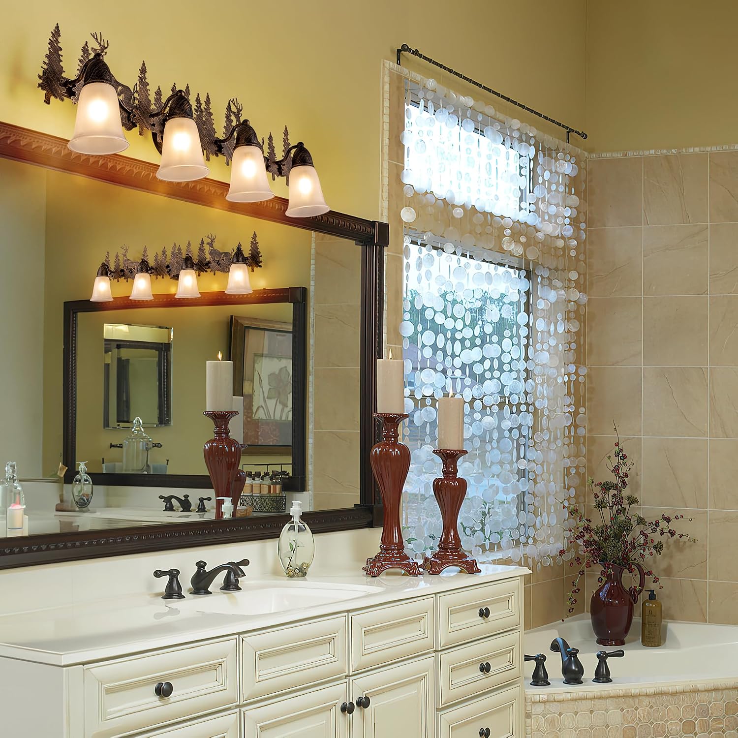 TOCHIC Rustic Bathroom Light Fixtures Over Mirror, 4 Lights Farmhouse Log Cabin Vanity Lights for Bathroom, Western Deer Sconces Bath Vanity Wall Lighting for Mirror Cabinet, Powder Room, 36' L