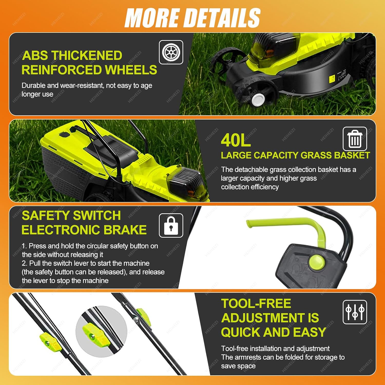 Cordless Electric Lawn Mower with 40V Brushless Motor, Brushless Motor, 30/50/70mm-Position Height Adjustment, Battery Powered Push Lawn Mower for Backyard Garden, Large Capacity,4 Batteries