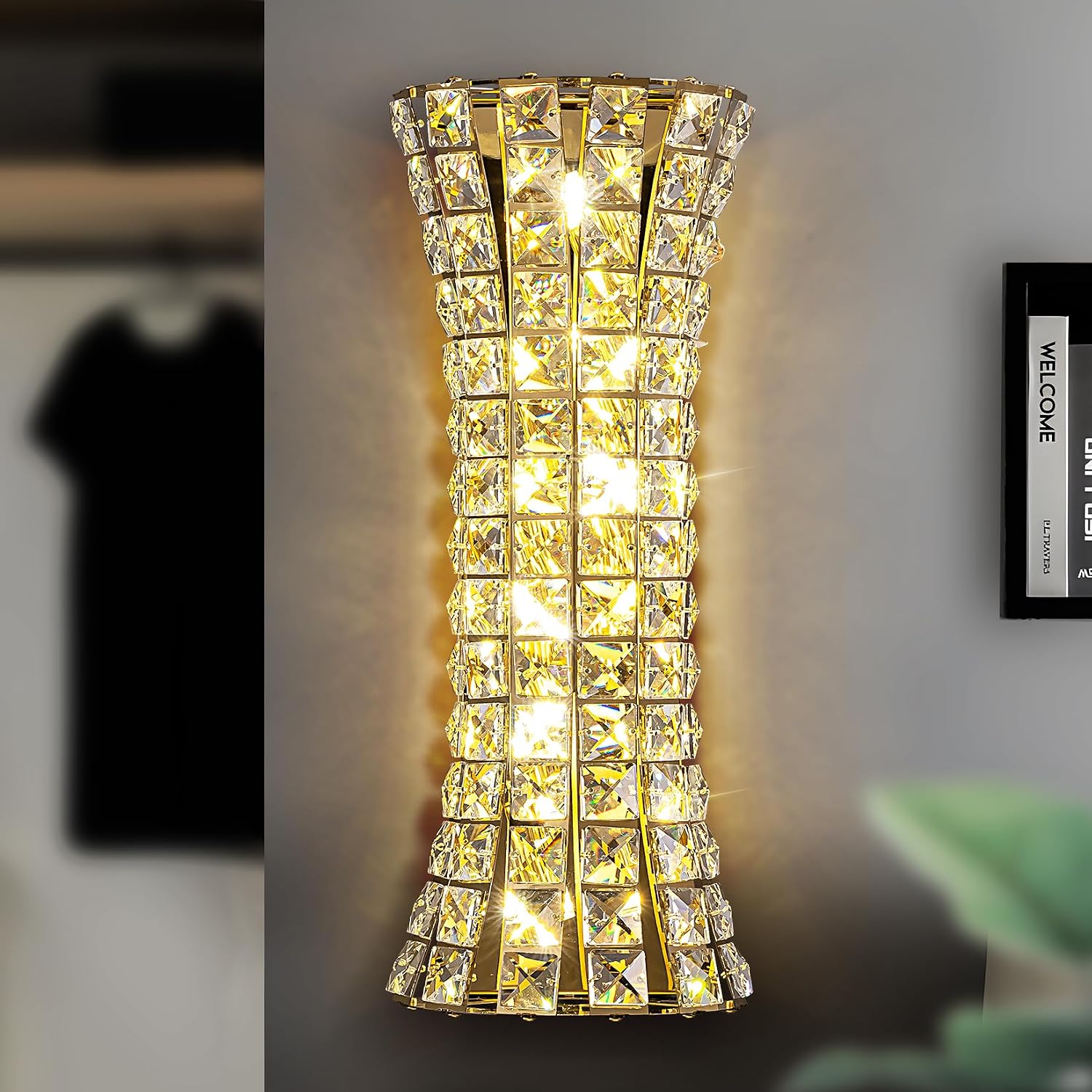 Crystal Wall Sconces,Modern Wall Light Fixtures,Luxury Indoor Gold Wall Lamp for Living Room Bedroom Bathroom Hallway Doorway Stairway,Bedside,Tricolor Vanity Lighting Fixture