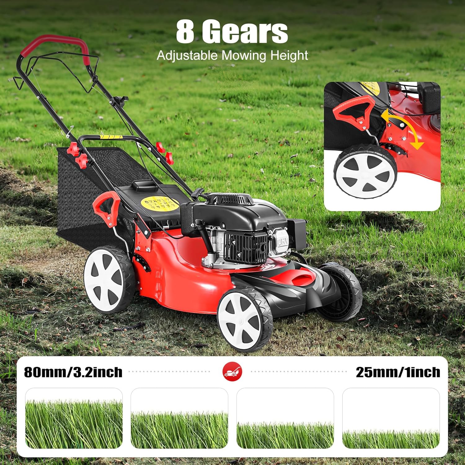 Self-Propelled Petrol Lawn Mower, 140cc 4-Stroke Petrol Engine Lawn Mower with 20-inch Blade, Walk-Behind Lawn Mower Cordless Push Lawn Mowers & Tractors with 60L Grass Tank Large Wheels 2800 RPM
