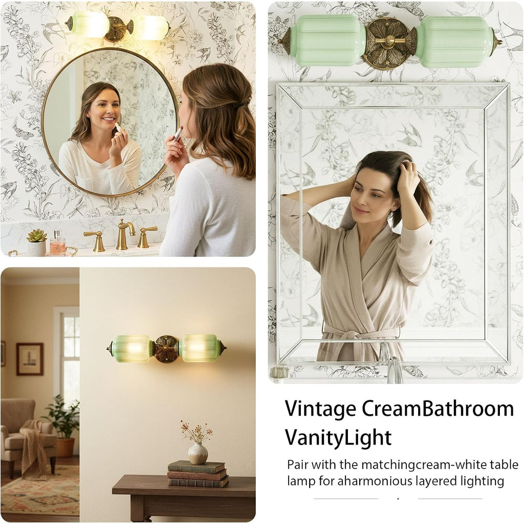 Vintage Milk Glass Bathroom Vanity Light - 2-Light Wall Sconce with Brass Finish Base & Green Glass Shade - Wall Sconce Lighting for Mirror, Kitchen, Living Room, Gallery (Bulbs Included) (Green)