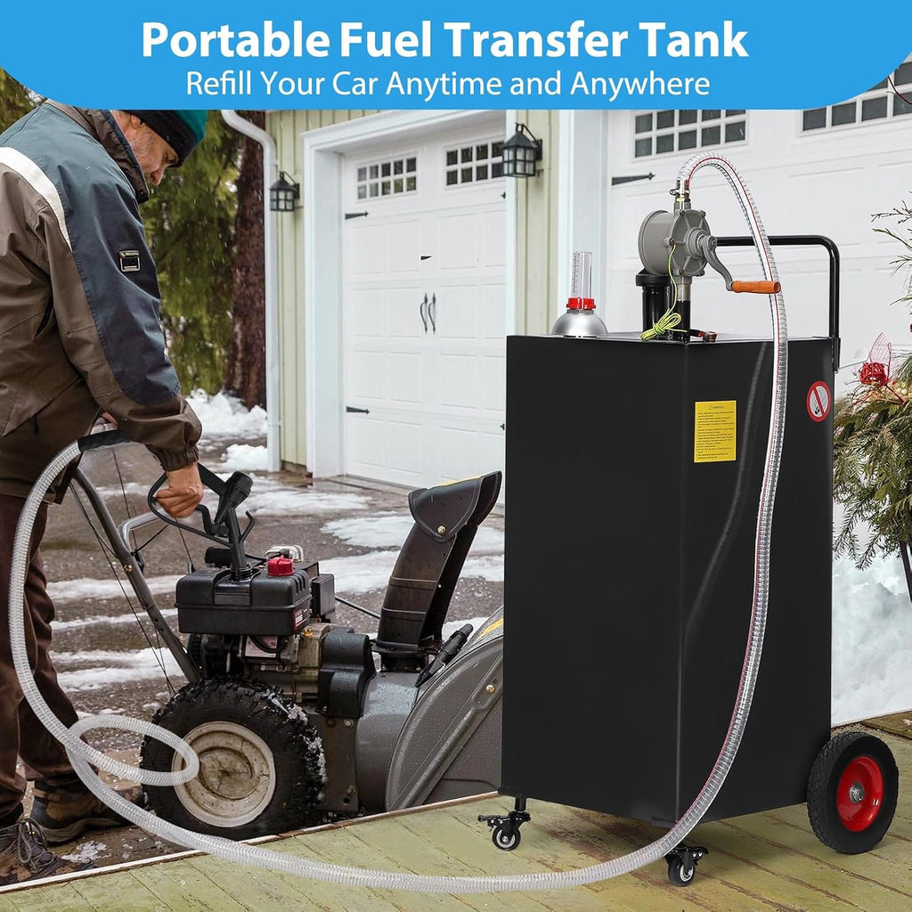 Portable 35 Gallon Fuel Caddy with Manual Pump 4 Wheel Gasoline Diesel Storage Tank Heavy Duty Steel, Kink-Free Hose & Ground Clamp for Lawn Mower, ATV, Boat, Farm Use