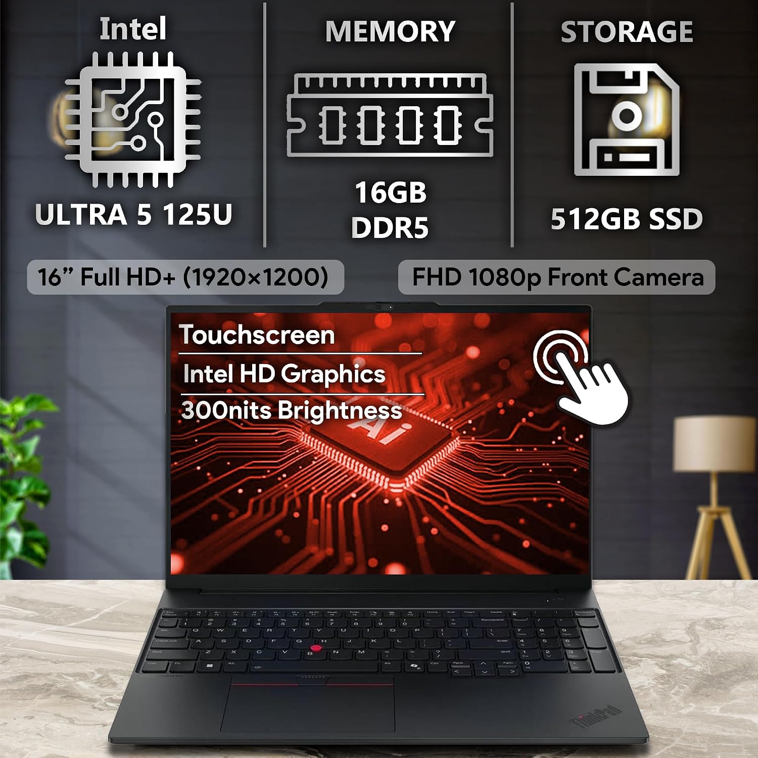 Lenovo ThinkPad E16 Gen 2 Touchscreen 16' FHD+ Display, Intel Ultra 5 125U, 16GB DDR5 RAM, 512GB SSD PCIe, FP, Backlit Keyboard, WiFi 6E + BT, RJ-45, HD Webcam, Win 11 Pro, AI Business Laptop - Black