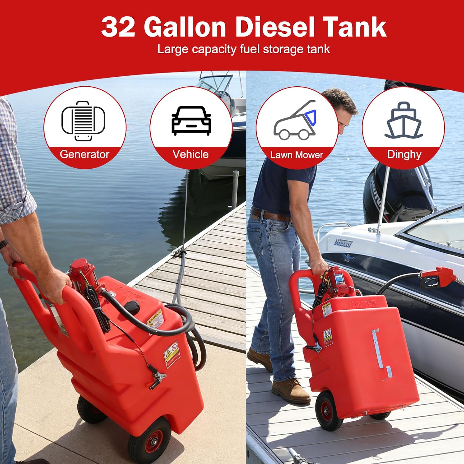 32 Gallon Fuel Caddy, Portable Gas Storage Fuel Tank with 12GPM Fuel Transfer Pump& 2 Wheels, Gasoline Diesel Container for Cars, ATVs, Boats, Lawn Mowers, Red
