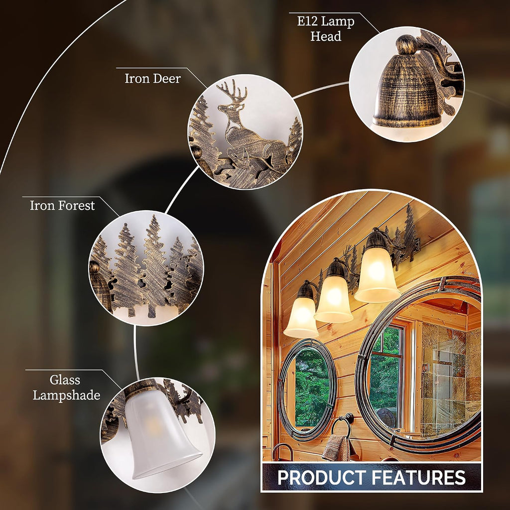 TOCHIC Rustic Bathroom Vanity Light Over Mirror, 3 Lights Farmhouse Bathroom Light Fixtures, Western Moose Sconces Bath Vanity Wall Lighting for Mirror Cabinets, Powder Room, Living Room, 24' L