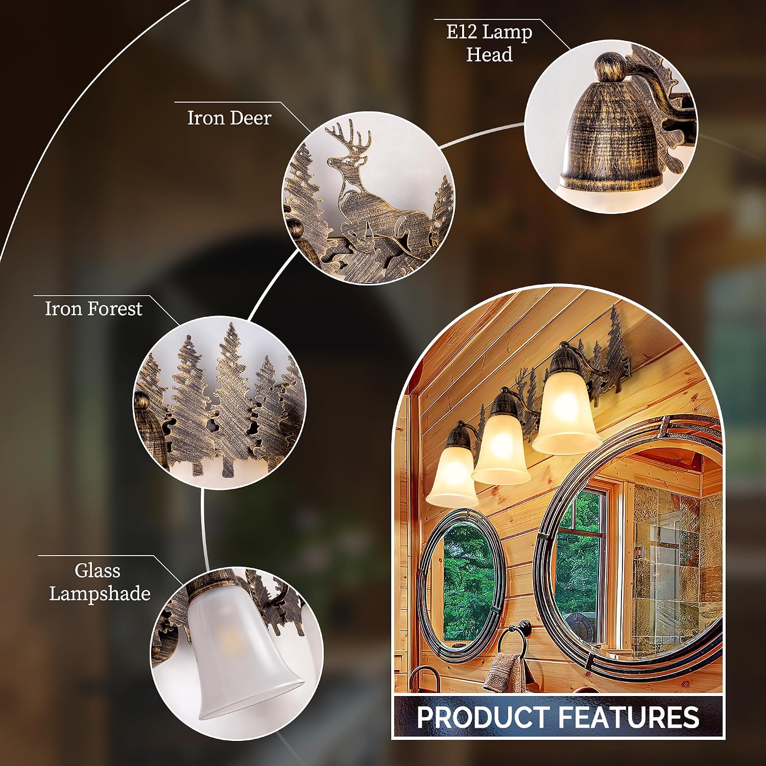 TOCHIC Rustic Bathroom Vanity Light Over Mirror, 3 Lights Farmhouse Bathroom Light Fixtures, Western Moose Sconces Bath Vanity Wall Lighting for Mirror Cabinets, Powder Room, Living Room, 24' L