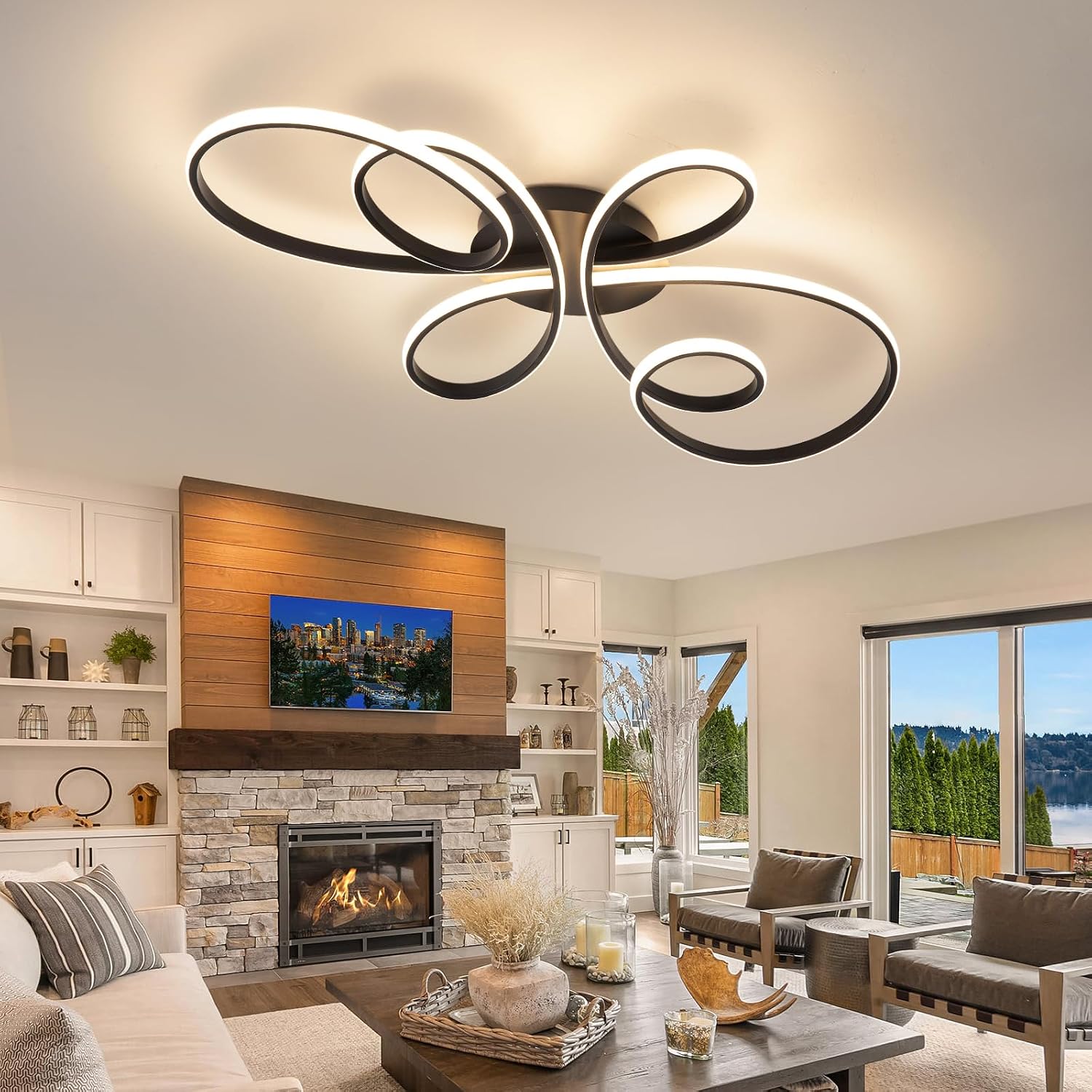 66W Modern LED Ceiling Light, 39.37Inch Flower Flush Mount Light Fixture with Remote Control Black Dimmable Ceiling Lamp for Living Room, Bedroom, Dining Room, Hallway, Kitchen