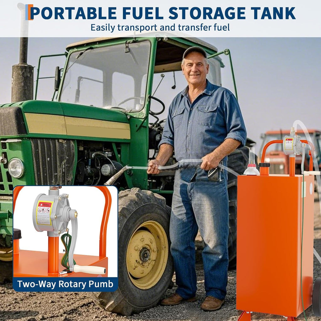 35 Gallon Fuel Caddy with Transfer Pump - Gas and Diesel Holding Tank for Automobiles, Lawn Mowers, ATVs, Boats & Recreational Vehicles, Orange