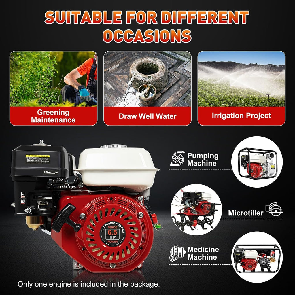 6.5HP 160CC Air Cooled Gas Engine,4-Stroke Horizontal Shaft Gas Engine Pull Start Gasoline Engine Motor OHV Replaces for Honda GX160 Go Kart Compressor Log Splitter Lawn Mower Mini Bike