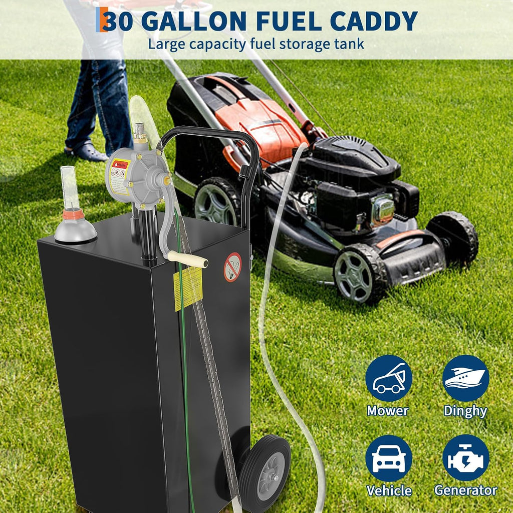 30 Gallon Diesel Fuel Transfer Tank with Manual Pump, Heavy-Duty Steel Gas Caddy on 2 Wheels, 10 Ft Kink-Free Hose & Nozzle, Portable Fuel Tank for Tractors, Generators, Lawn Mowers, ATVs