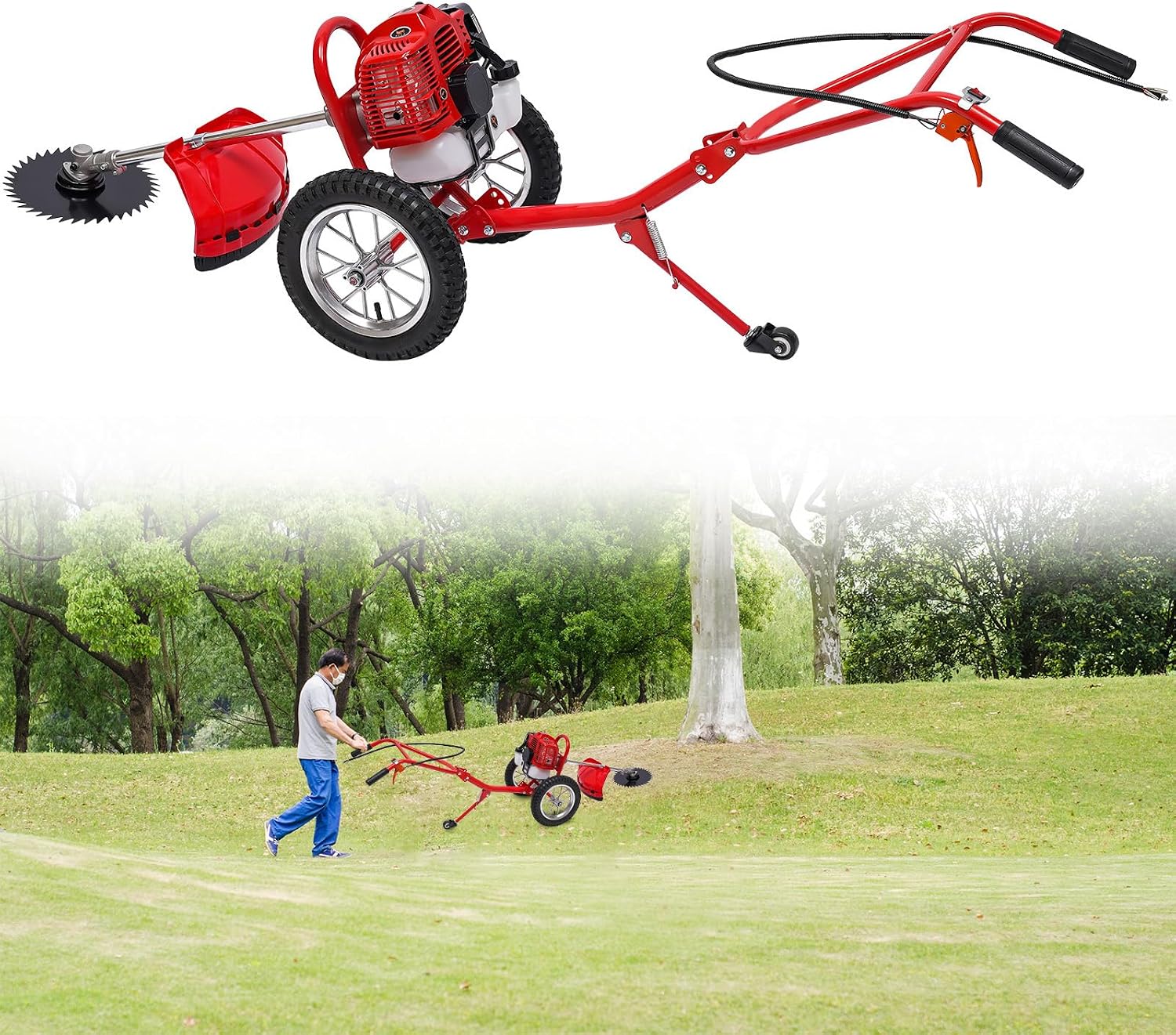 2-Stroke Lawn Mower, Gasoline Lawn Mower, Hand Push Irrigation Mower, Two-Stroke Hand Push Lawn Mower with 2 Scarifying Knife & Adjustable Heights Perfect for Small to Medium Sized Yards