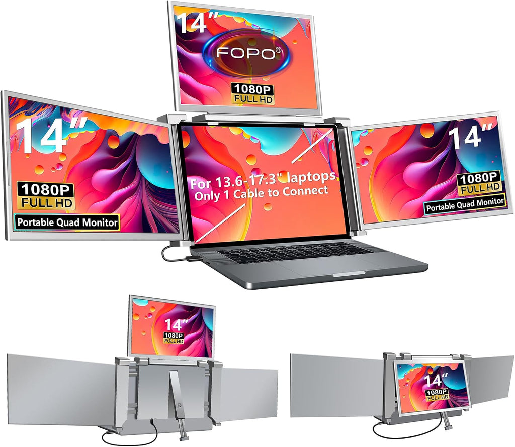 14' Laptop Screen Extender Monitor Portable, Quad Monitor, Just 1 Cable for 3 Screens, FHD 1080P IPS Laptop Extender Compatible with Wins/Mac(M1 M2 M3) for 13.6' - 17.3' Laptops