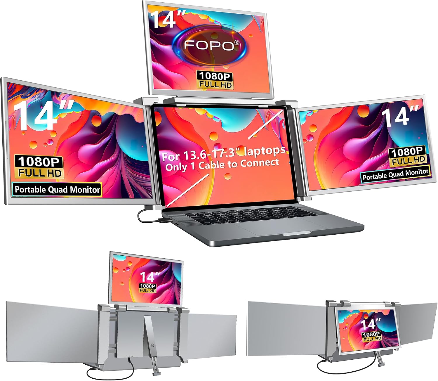 14' Laptop Screen Extender Monitor Portable, Quad Monitor, Just 1 Cable for 3 Screens, FHD 1080P IPS Laptop Extender Compatible with Wins/Mac(M1 M2 M3) for 13.6' - 17.3' Laptops