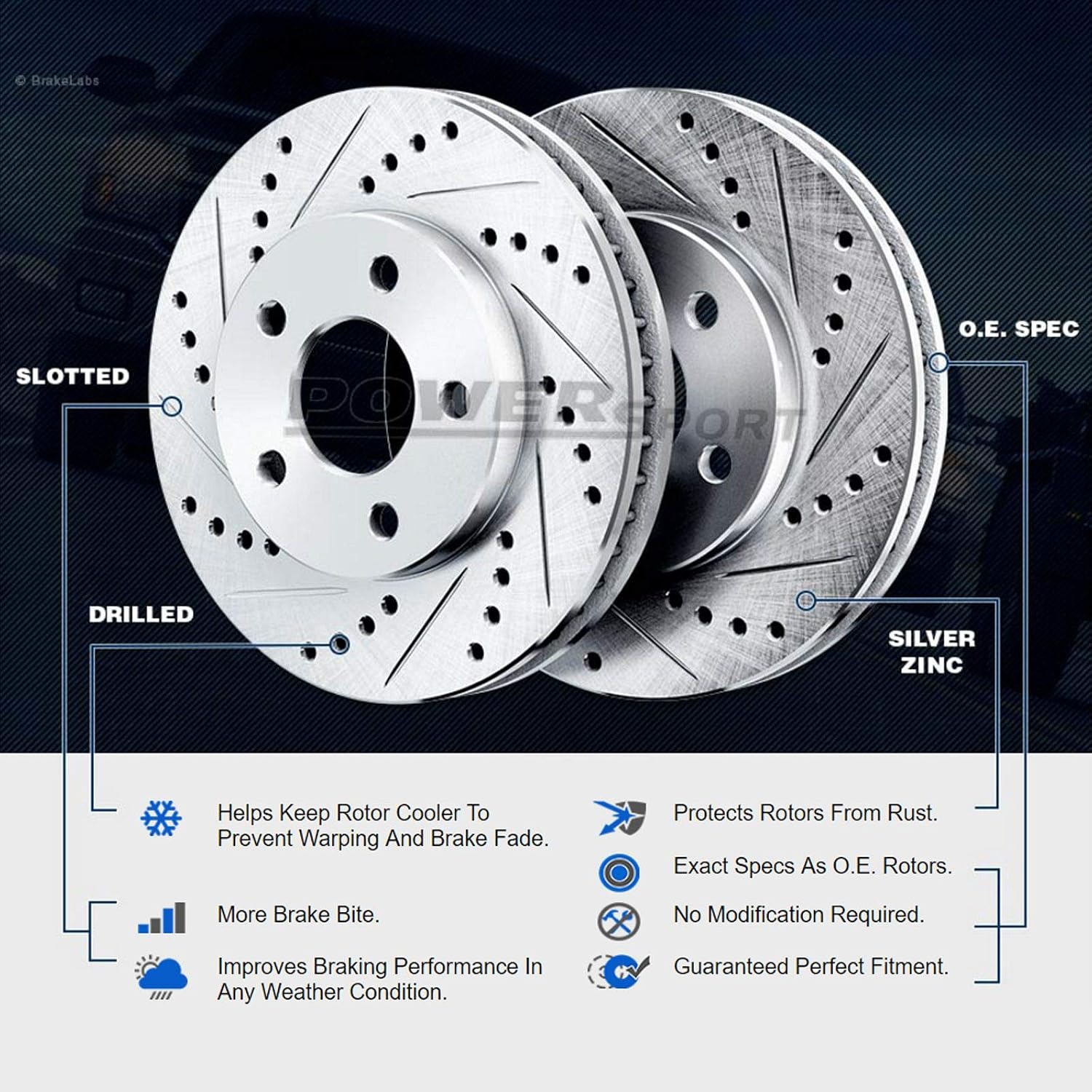 Power Sport Front and Rear Brake Kit For 2014-2019 Ford Fiesta| Drilled and Slotted Brake Rotors| Ceramic Brake Pads and Rotors Kit