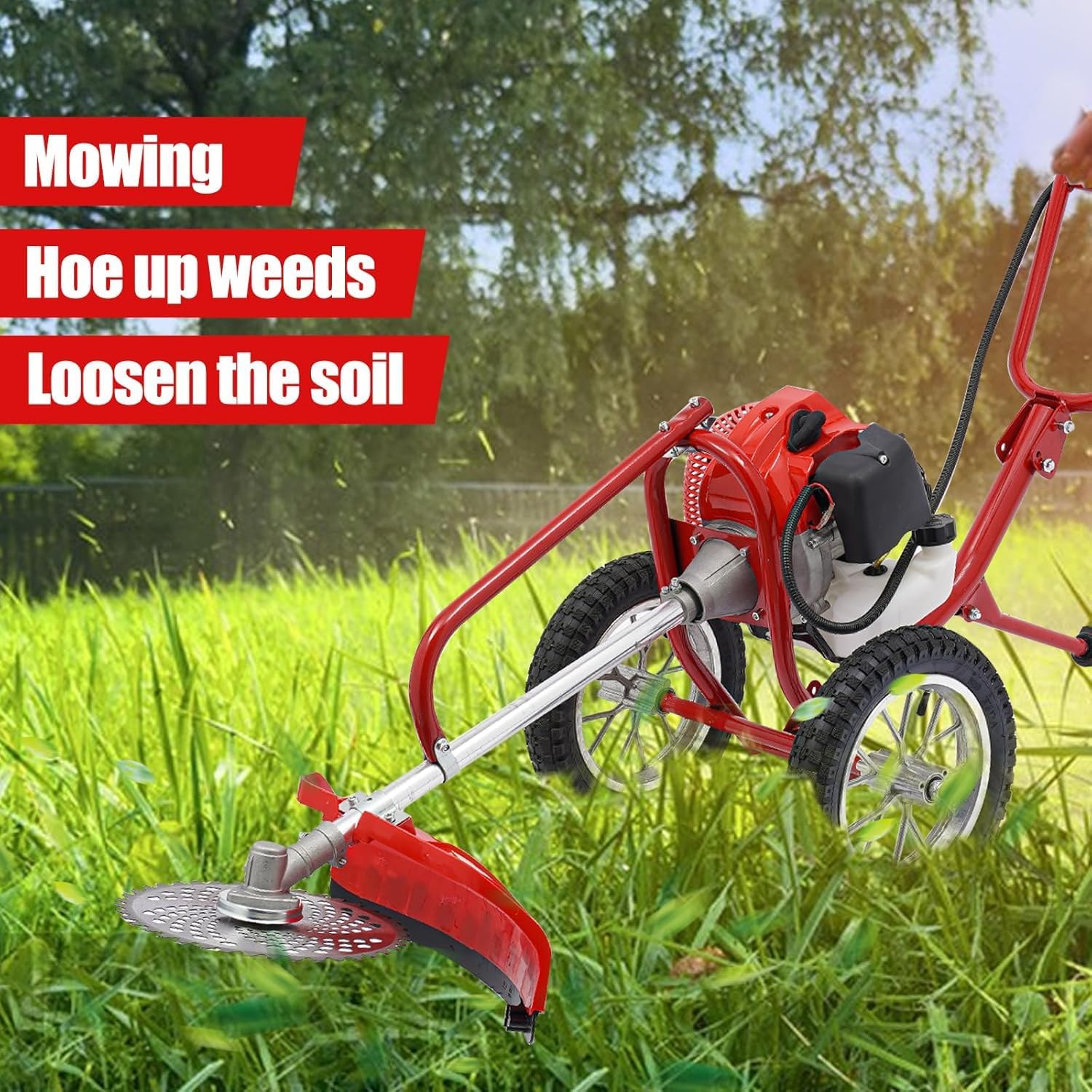 2-Stroke 49CC Gas Powered Lawn Mower, 2-in-1 Hand Push Lawn Mower Trimmer & Garden Tiller Cultivator, Garden Rototiller Gas Brush Cutter String Trimmer for Yard