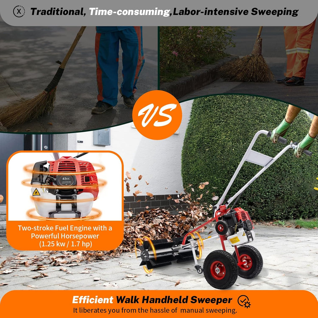 Handheld Lawn Sweeper, 43CC 1.7HP Gasoline Powered Sweeper, Power Broom for Grave with 2 Stroke Gasoline Engine for Park Garden Grass Lawn Gravel Cleaning