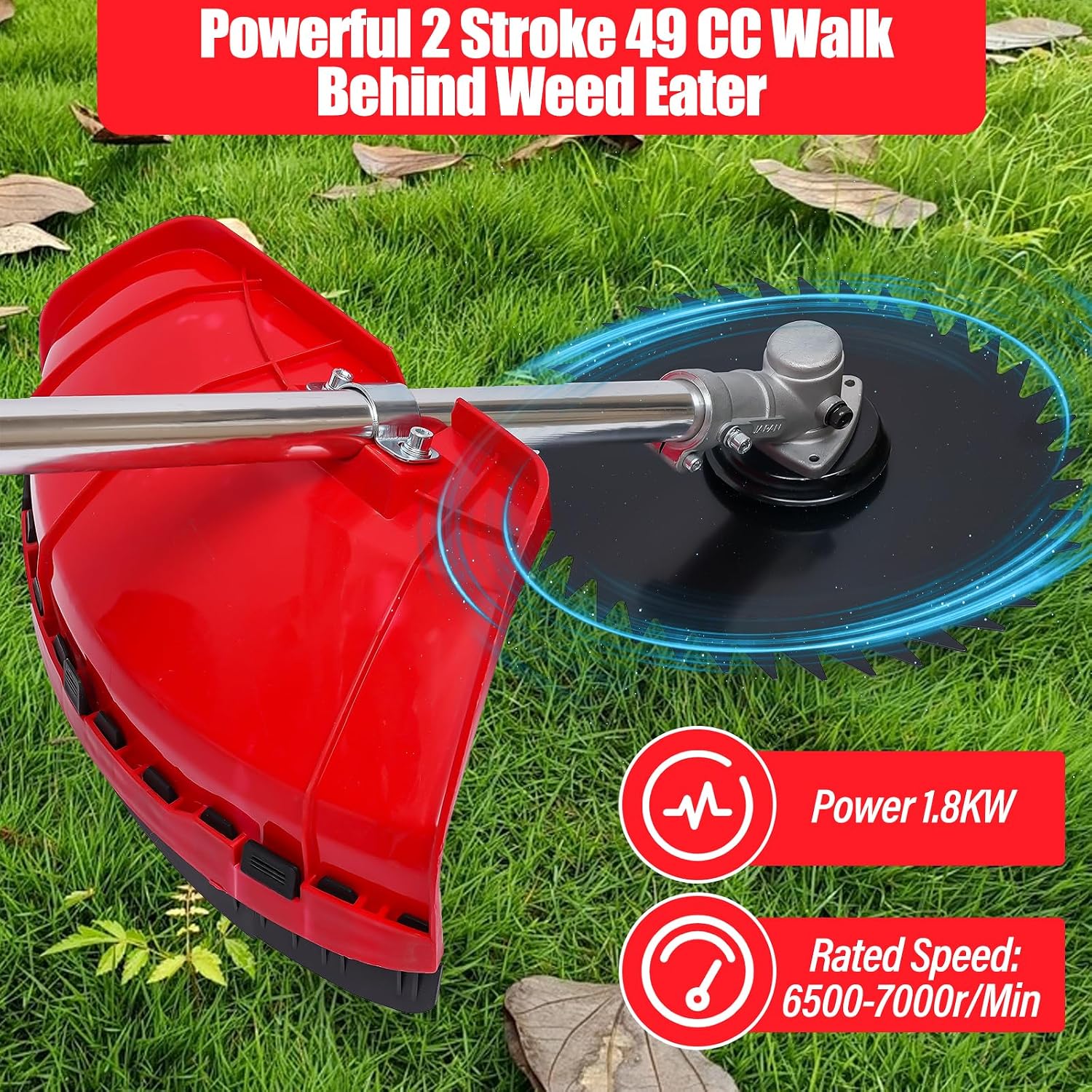 Walk Behind Weed Wacker, 2 Stroke 49 CC Gasoline Weed Eater, 6500-7000R/Min Hand Push String Trimmer with 0.95L Fuel Tank, Foldable Rear Wheel for Mountains, Hills, Plains, Orchards Etc
