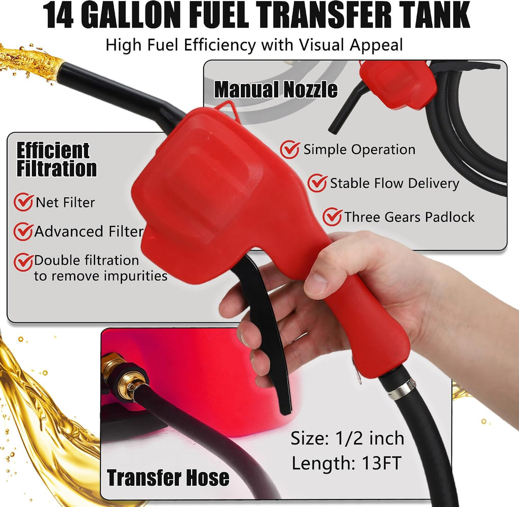 Garvee 14 gal Fuel Caddy, Portable Gas Can Fuel Tank Container with Fluid Transfer Siphon Pump and 10 ft. Delivery Hose, Diesel Storage Can On-Wheels for Cars ATVs Lawn Mowers Boats