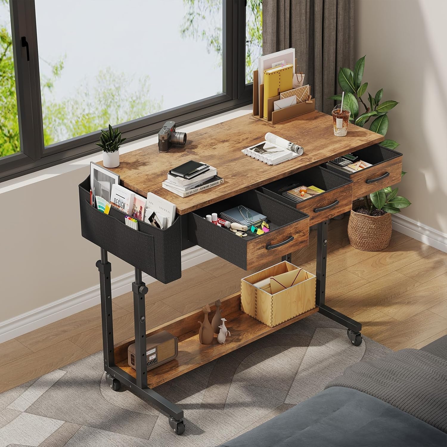 WINAZ Rolling Standing Desk Adjustable Height with Drawers on Wheels, 40 Inch Portable Mobile Stand Up Computer Desks for Bedroom Home Office, Couch Sofa Side Laptop Table with Storage, Rustic Brown