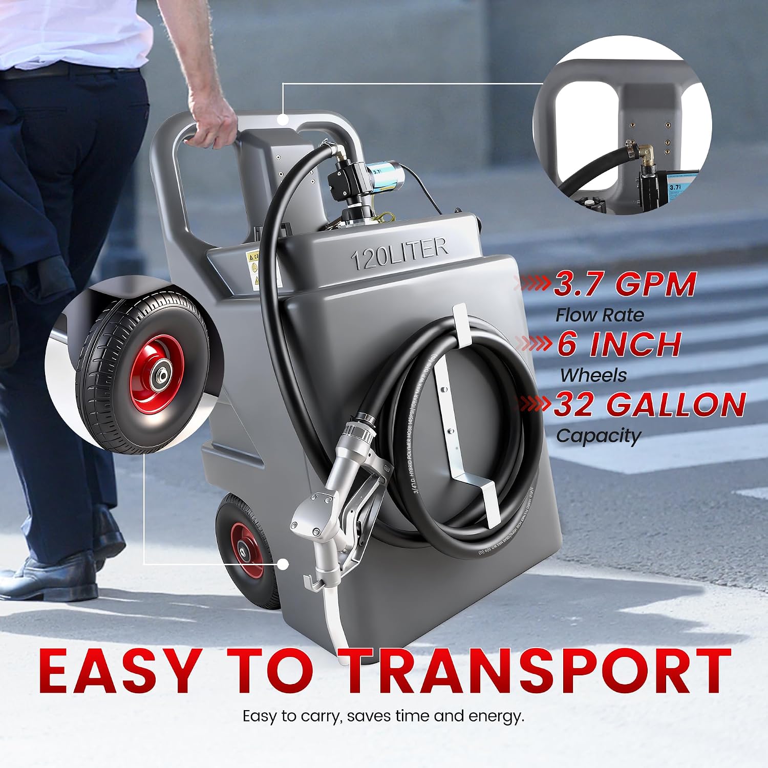 32 Gallon Fuel Caddy 2 Pack, 120L Transfer Caddy with 3.7 GPM 12V DC Electric Pump, Diesel Gasoline Fuel Transfer Caddy for Cars, Motorcycles, Boats, Lawn Mowers, Snowblowers, Manual Fueling Nozzle(Pack of 2)