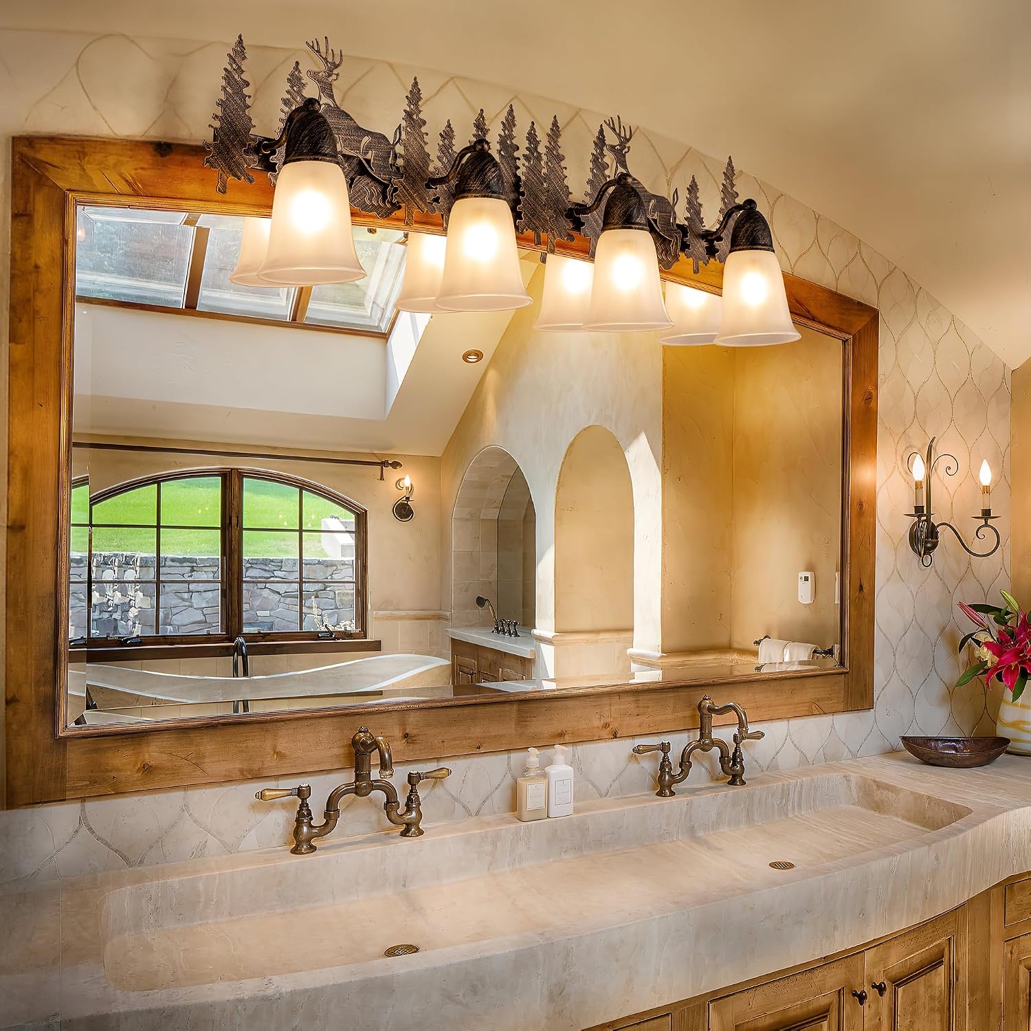 TOCHIC Rustic Bathroom Light Fixtures Over Mirror, 4 Lights Farmhouse Log Cabin Vanity Lights for Bathroom, Western Deer Sconces Bath Vanity Wall Lighting for Mirror Cabinet, Powder Room, 36' L