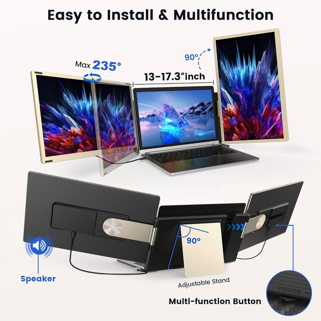 Laptop Screen Extender, 15.6' Detachable Triple Portable Monitor, 1080P FHD IPS Display, Sturdy & Durable, USB-C/HDMI Plug-Play Monitor Extender for Mac/Win/Android, Fits 13-17' Laptops