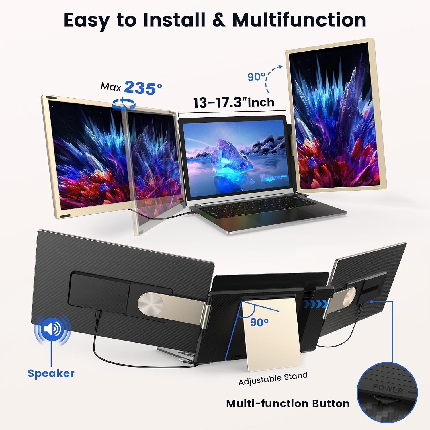 Laptop Screen Extender, 15.6' Detachable Triple Portable Monitor, 1080P FHD IPS Display, Sturdy & Durable, USB-C/HDMI Plug-Play Monitor Extender for Mac/Win/Android, Fits 13-17' Laptops