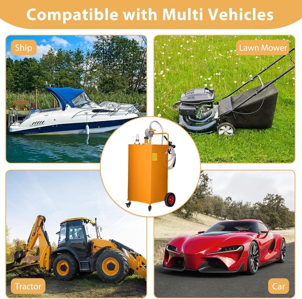 Garvee 35 gal Fuel Caddy with Manual Pump – Heavy Duty Gasoline & Diesel Transfer Tank On 4 Wheels, Spill-Proof Portable Fuel Container for Boat, Truck, Lawn Mower, ATV, Garage & Farm – Orange