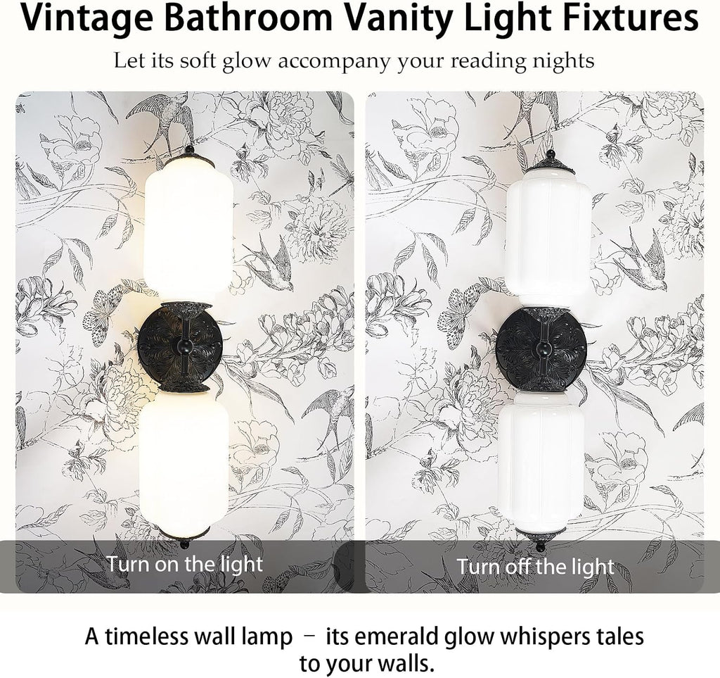 Vintage Milk Glass Bathroom Vanity Light - 2-Light Wall Sconce with Brass Finish Base & Green Glass Shade - Wall Sconce Lighting for Mirror, Kitchen, Living Room, Gallery (Bulbs Included) (white)