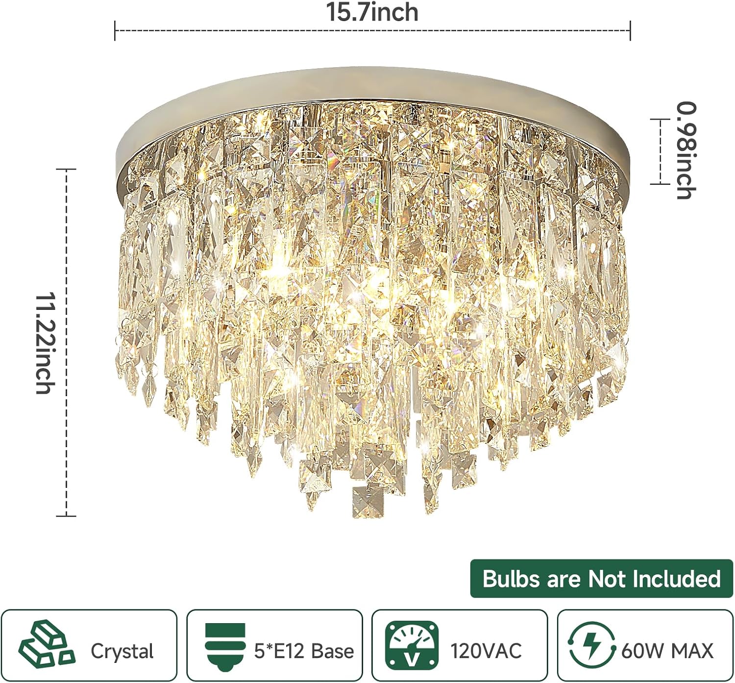 YMP&YZX Modern Chrome Ceiling Crystal Chandeliers,Diameter 15.7inch Semi Fulsh Mounted Chandelier Light Fixtures for Living Dining Room Bedroom Crystal Ceiling Fixture 5-Light