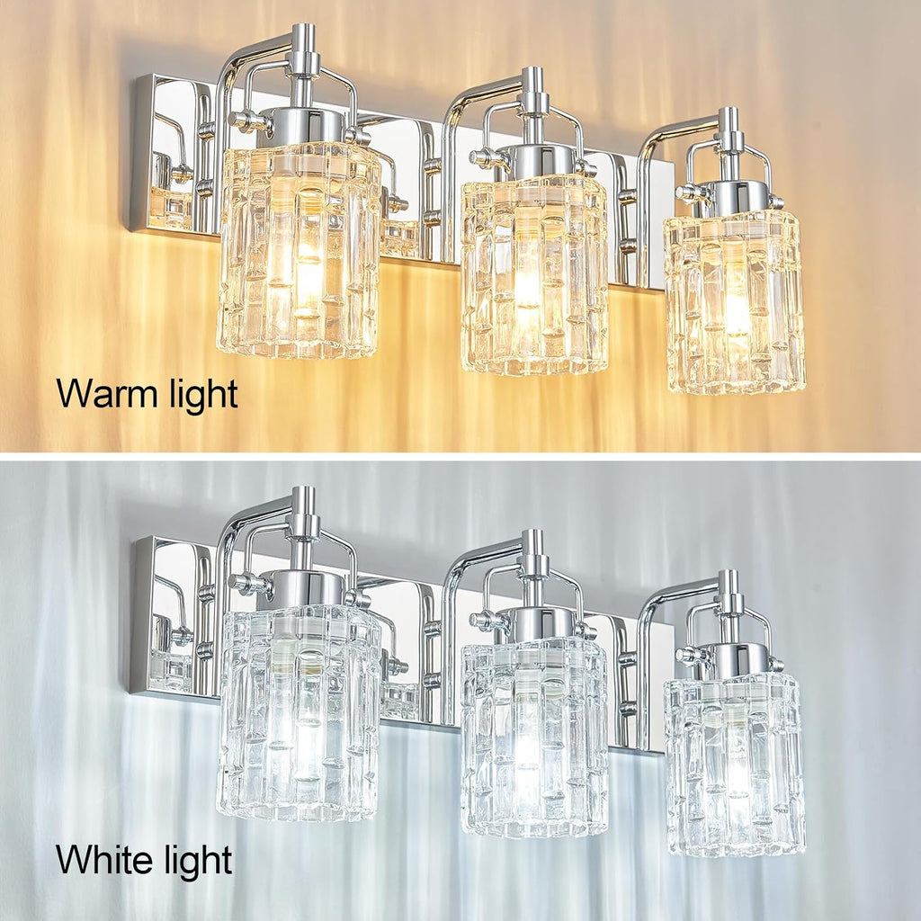 3 Light Crystal Glass Vanity Light, Chrome Bathroom Lighting Fixtures Over Mirror Modern Bath Wall Sconce Lighting for Bedroom Living Room