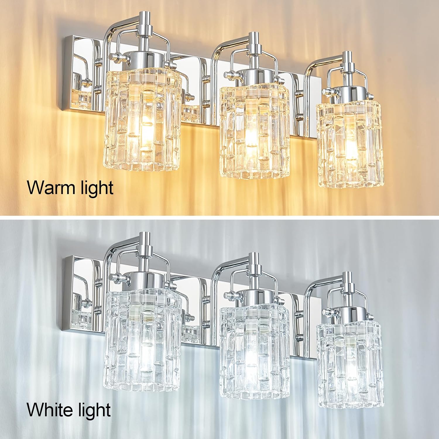 3 Light Crystal Glass Vanity Light, Chrome Bathroom Lighting Fixtures Over Mirror Modern Bath Wall Sconce Lighting for Bedroom Living Room