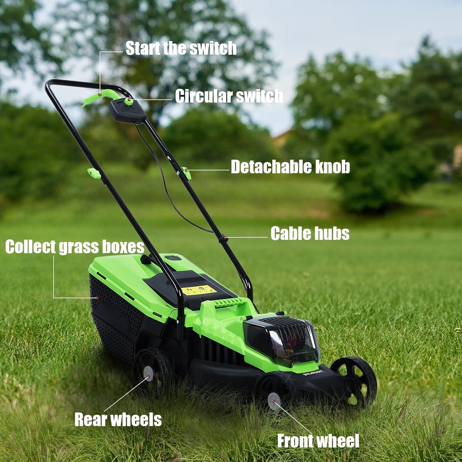 Self-Propelled Cordless Push Lawn Mower, 32cm Cutting Width, 1600W Power, 30L Grass Tank, 3-Position Height Adjustment (25-65cm), US Plug