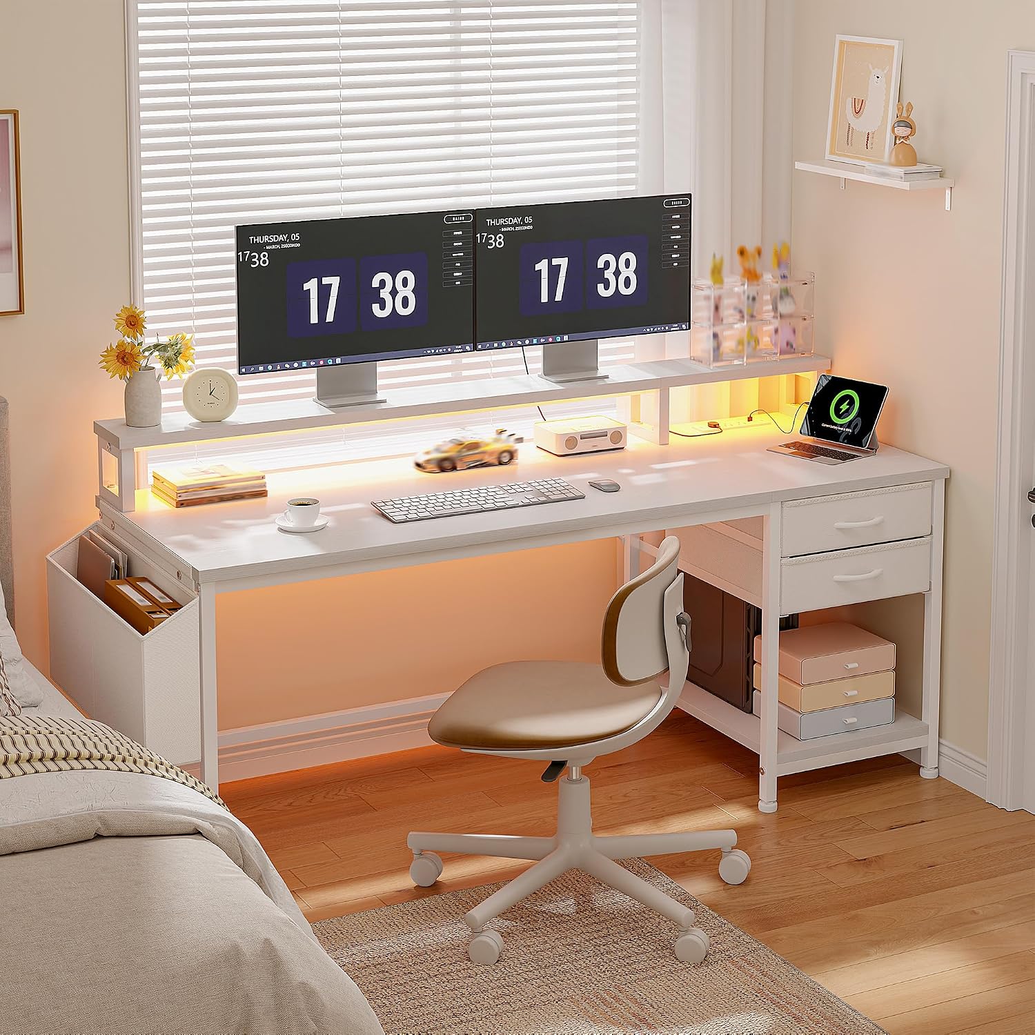DurayLoly 55' White Desk with File Drawers & Storage Bag, Reversible Computer Desk with Monitor Stand,Home Office Desk with LED Strip & Power Outlets for Bedroom, Small Space, Study, Handwork