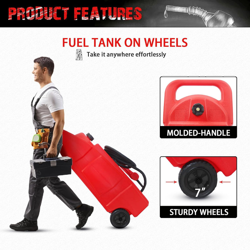 Gas Caddy with Manual Transfer Pump, 34 Gallon Fuel Caddy with 10ft Delivery Hose, Portable Gas Tank, Diesel Fuel Storage Tank with Wheels for ATVs, Cars, Lawn Mowers, Boats, Red