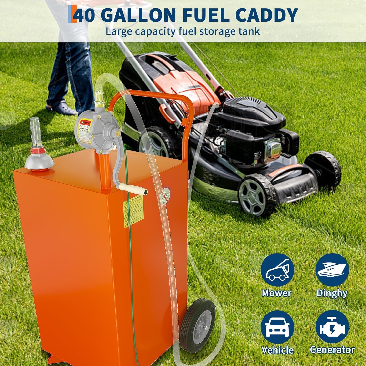 40 Gallon Fuel Caddy with Transfer Pump - Gas and Diesel Holding Tank for Automobiles, Lawn Mowers, ATVs, Boats & Recreational Vehicles, Orange