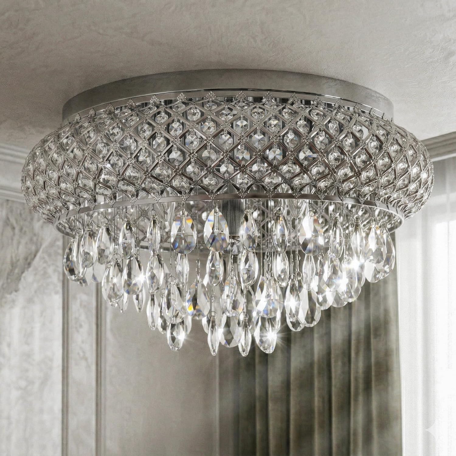 Maxax 19.5'' Chrome Chandelier with Crystal Raindrop Prism, Large 5-Light Flush Mount Ceiling Light Fixture, Drum Raindrop Metal Shade, French Vintage