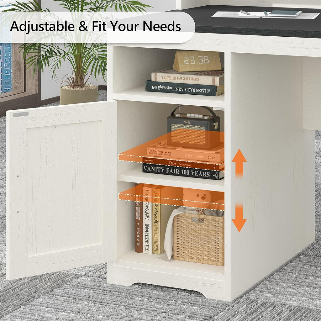 TVU Farmhouse Computer Desk with Drawers, 65'' Home Office Desk with Power Outlets, Storage Cabinet and Printer Stand, Study Writing Desks with Long Monitor Stand, Black and White