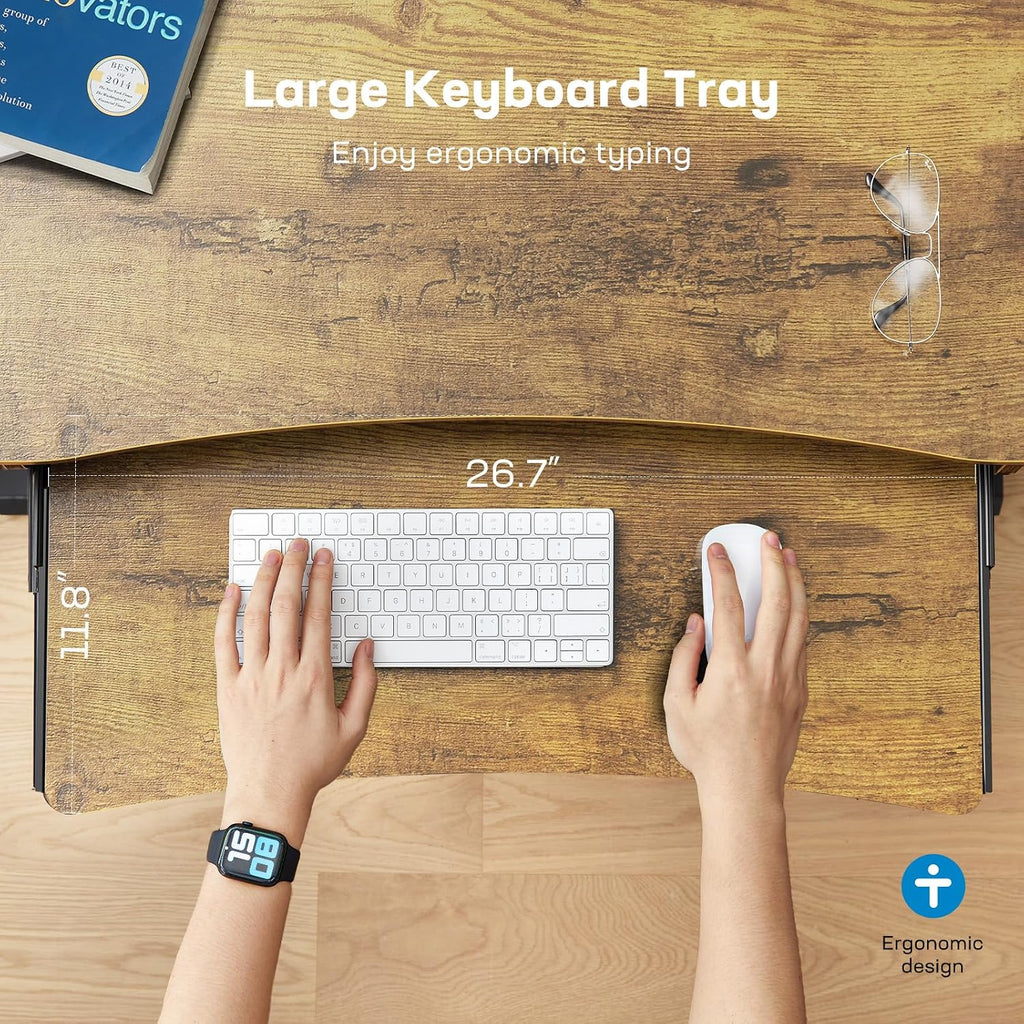 HUANUO 55' x 26' Electric Standing Desk with 2 Drawers & 26.7' Large Keyboard Tray, C-Clamp Mount Compatible, Adjustable Computer Desk for Home Office, Stand Up Desk with 4 Height Presets, Vintage