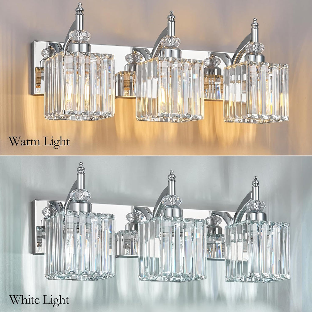 Modern Bathroom Vanity Light 3-Light Chrome Crystal Light Fixtures Over Mirror for Bathroom Wall Sconce