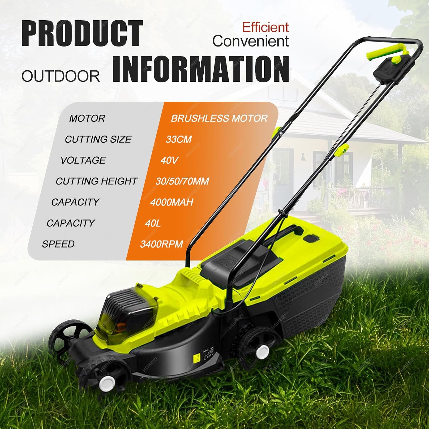 Cordless Electric Lawn Mower with 40V Brushless Motor, Brushless Motor, 30/50/70mm-Position Height Adjustment, Battery Powered Push Lawn Mower for Backyard Garden, Large Capacity,4 Batteries