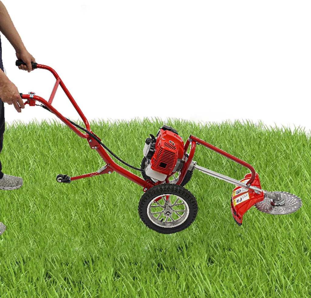 49CC Hand Push Weed Wacker, 1.8Kw 7000Rpm Behind Push Lawn Mower with Foldable Rear Wheels, 2 Stroke Gas Powered Grass Trimmer, Brush Cutter for Lawn, Garden, Hills, Plains & Orchards