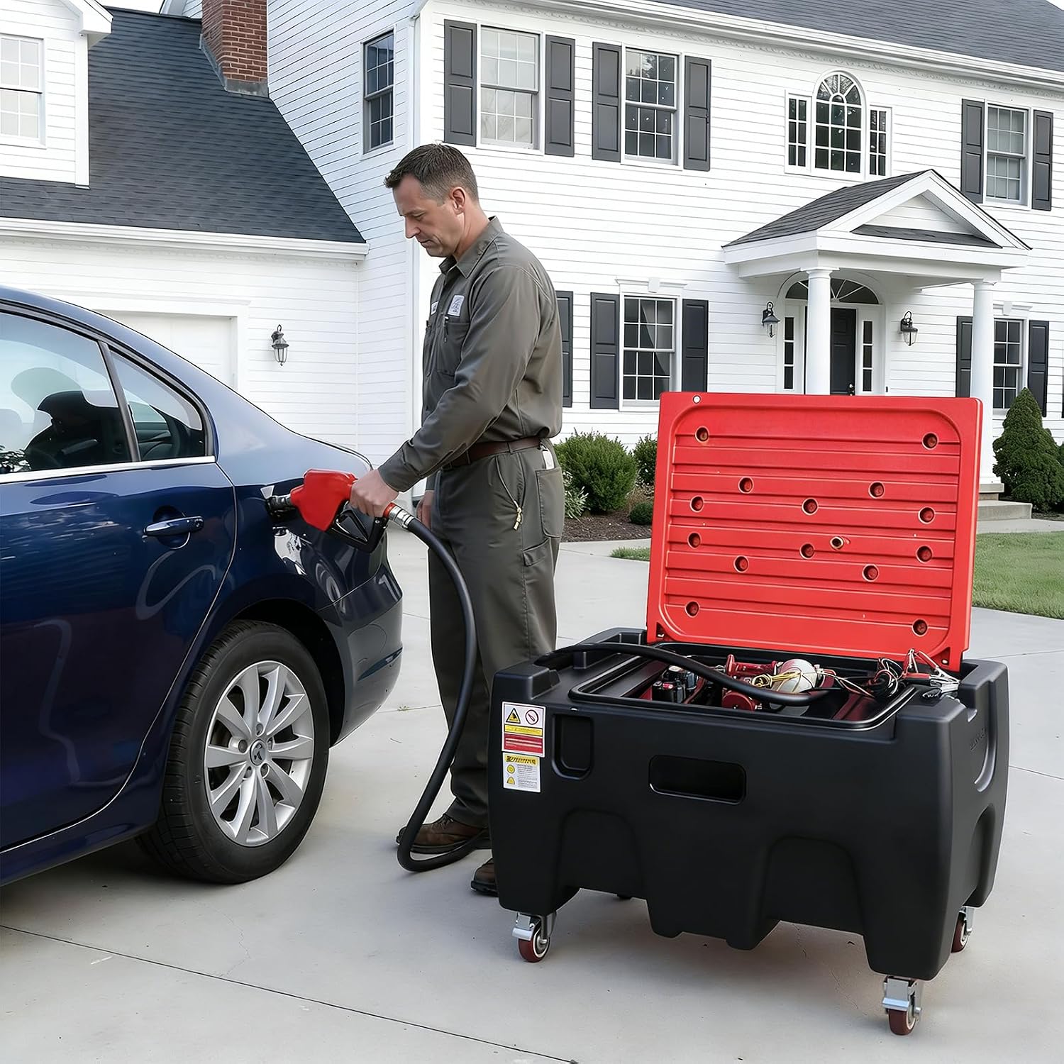 40 Gallon Fuel Caddy, Portable Gas Storage Fuel Tank with 12GPM Fuel Transfer Pump& 2 Wheels, Gasoline Diesel Fuel Container for Cars, ATVs, Boats, Lawn Mowers, Red