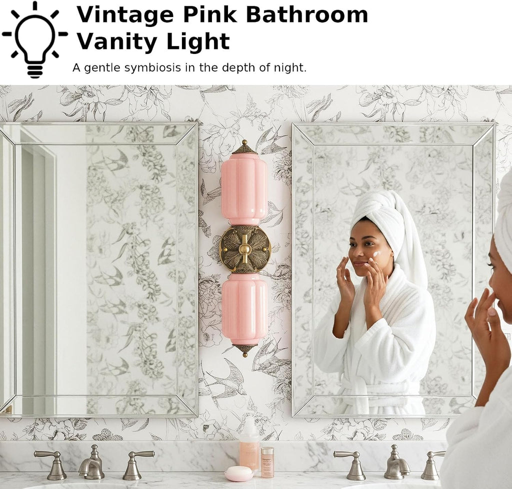 Vintage Vanity Light - 2-Light Wall Sconce with Brass Finish Base & Green Glass Shade - Wall Sconce Lighting for Mirror, Kitchen, Living Room, Gallery (Bulbs Included) (Pink)