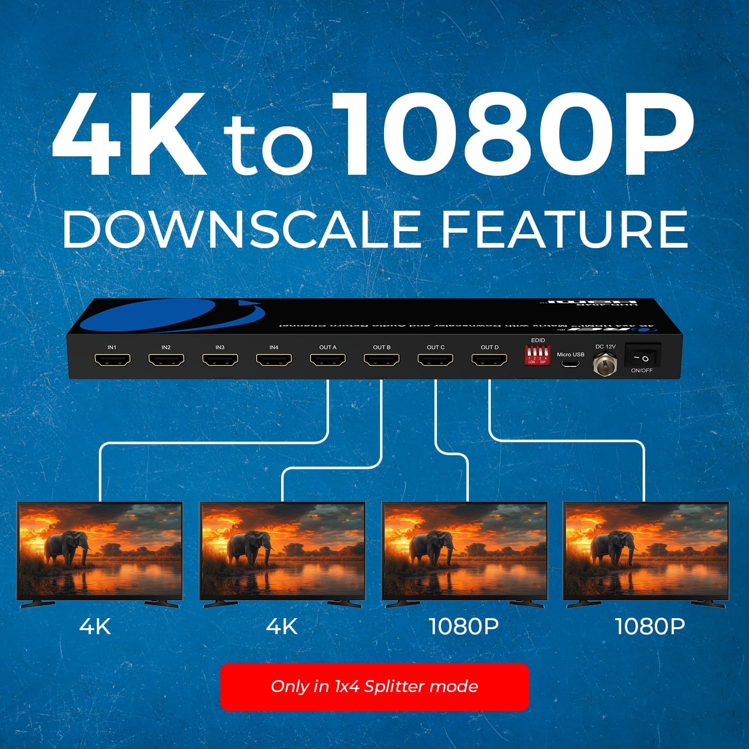OREI 4K@60Hz 4×4 HDMI Matrix Switch with Downscaler & ARC, 18Gbps, HDCP 2.2, HDR, Audio Extraction (Optical & Analog), 4K-to-1080p Scaling, IR Remote (UHD-404R)