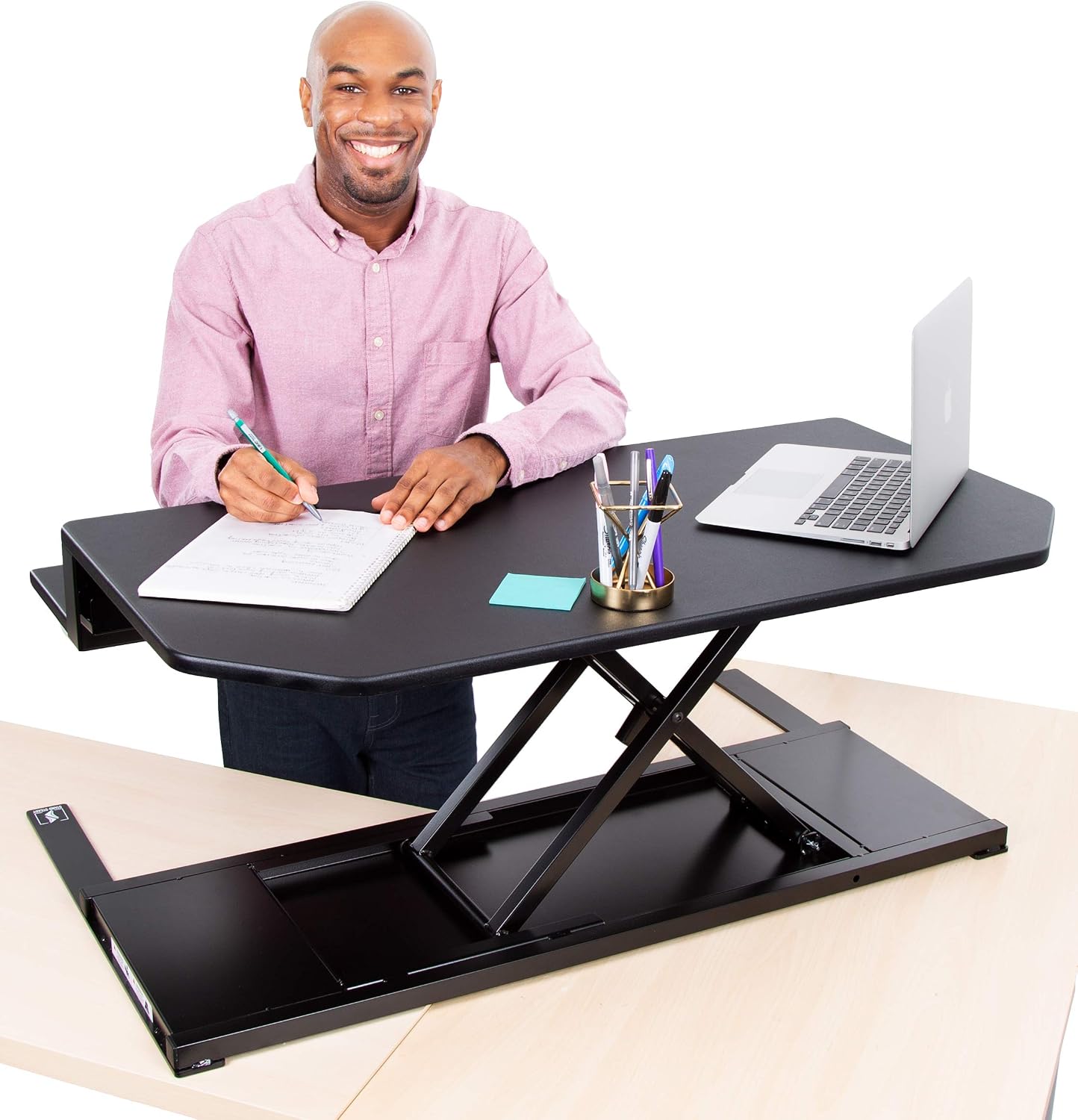 Flexpro Power 40 Inch Electric Corner Desk Converter for Cubicles and L-Shaped Desks with Quiet Height Adjustments, Large Dual Level Sit to Stand Computer Workspace (Black, 44in x 32in)