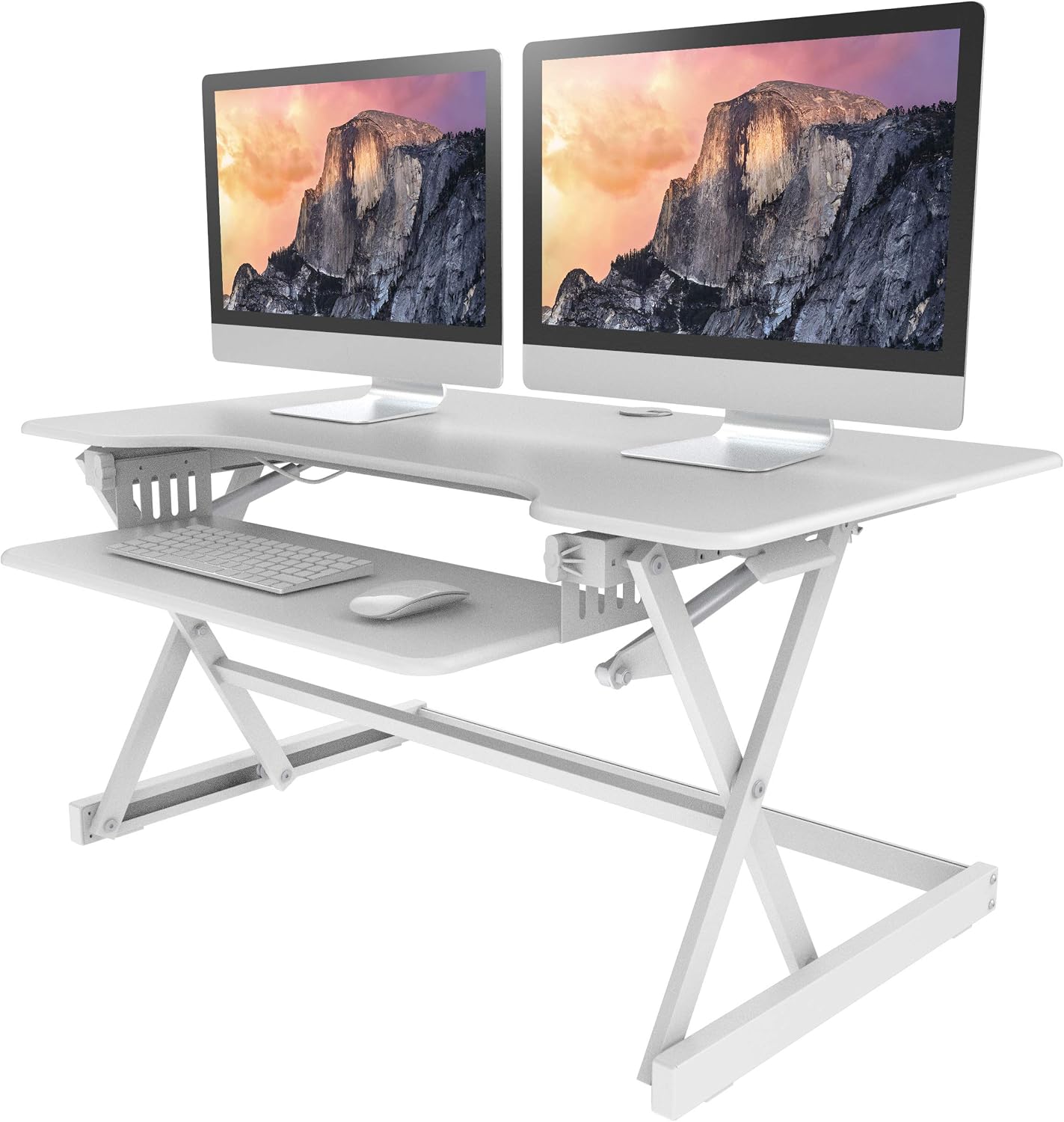 Rocelco 40' Large Height Adjustable Standing Desk Converter - Quick Sit Stand Up Dual Monitor Riser - Gas Spring Assist Computer Workstation - Retractable Keyboard Tray - White (R DADRW-40)