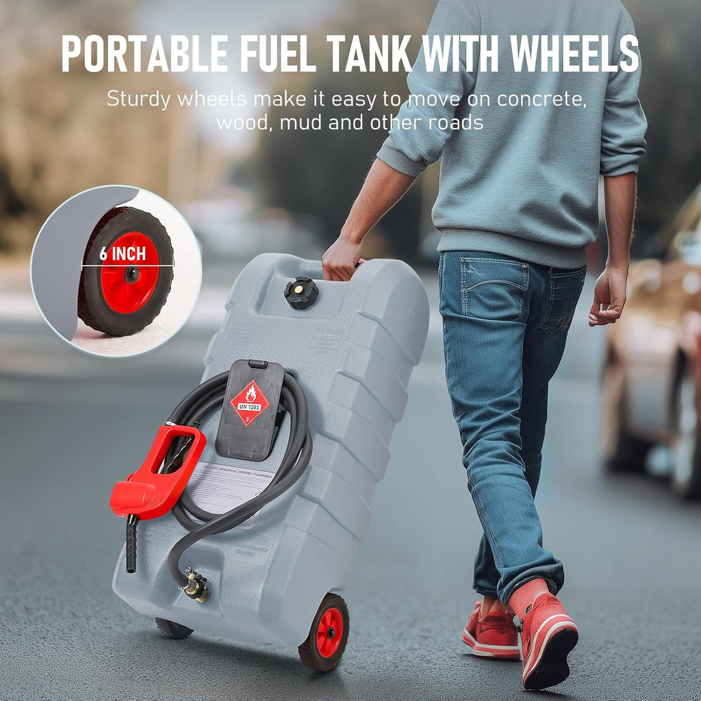 15 Gallon Gas Can, Fuel Tank Container with LE Fluid Transfer Manual Siphon Pump & 10FT Hose, Portable Diesel Gas Storage Caddy with Wheels for Car, ATV, Weeder, Boat, etc., Grey
